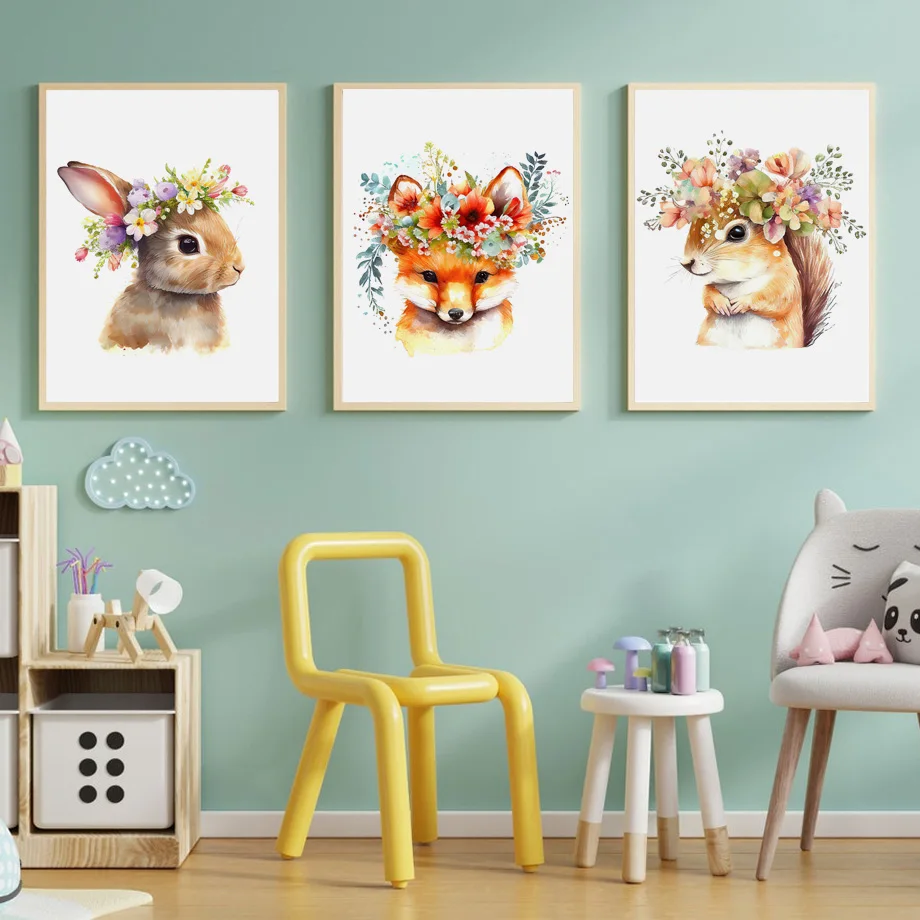 Woodland Baby Animal Fox Rabbit Squirrel Owl Posters Prints Floral Nursery Wall Art Canvas Painting Modern Kids Bedroom Decor