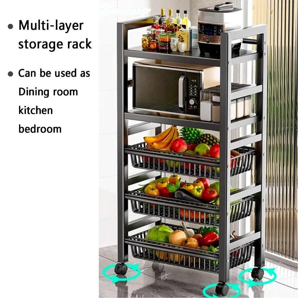 Multi-Layer Kitchen Storage Basket Floor Rack Microwave Shelf Cart Movable Pot Rack Room Trolley Storage Basket Kitchen Trolley