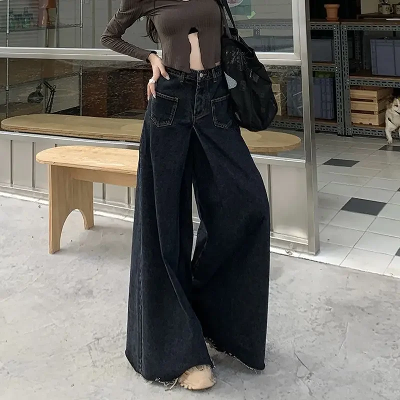 Oversized Vintage High Waist Jeans High Street Loose Wide Leg Jeans Fashion Korean Casual Solid Color Straight Trousers Q250