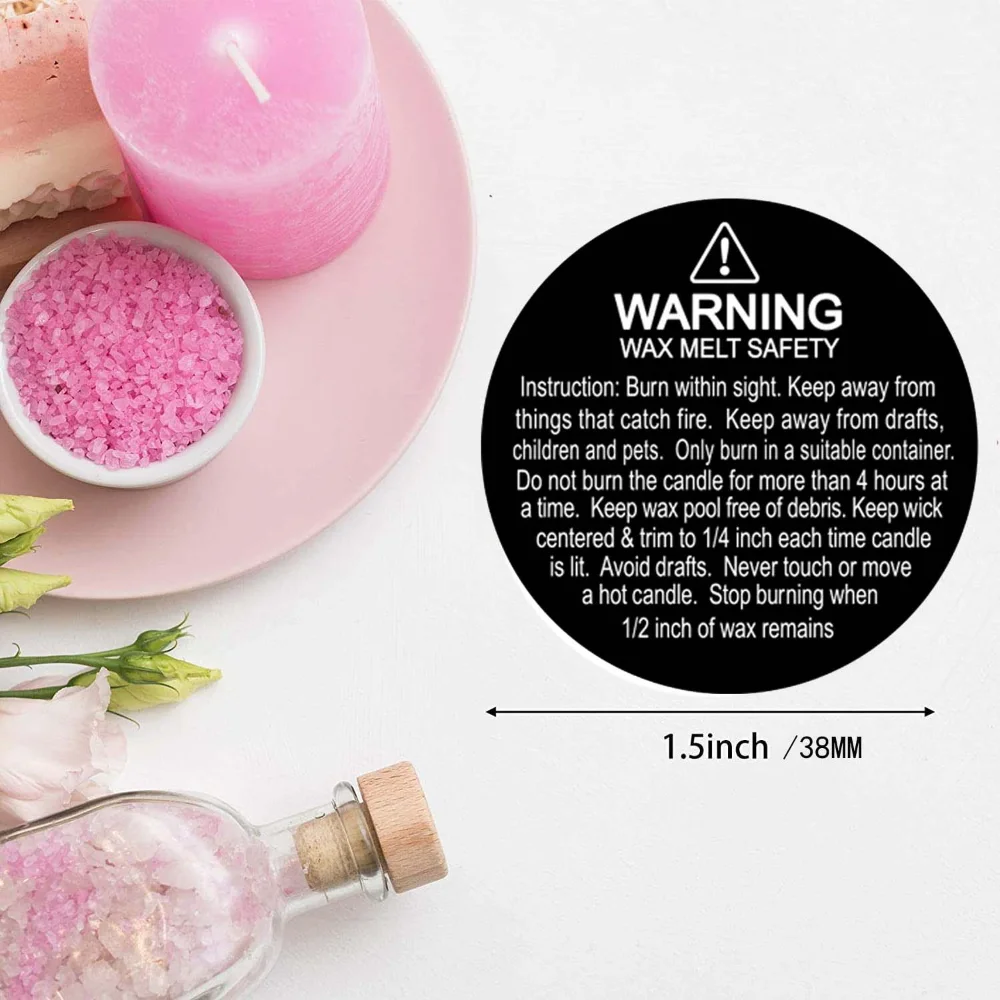 1.5 Inch Waterproof wax melting safety label stickes warning candle sticker Sheets round Candle Jar Container Labels white black