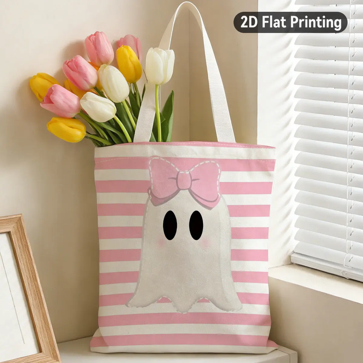 2D Flat 1pc Cute Cartoon White Ghost with Pink Bow Durable Tote Bag, Halloween Decorations, Duplex Prints Adorable Ghost Pattern