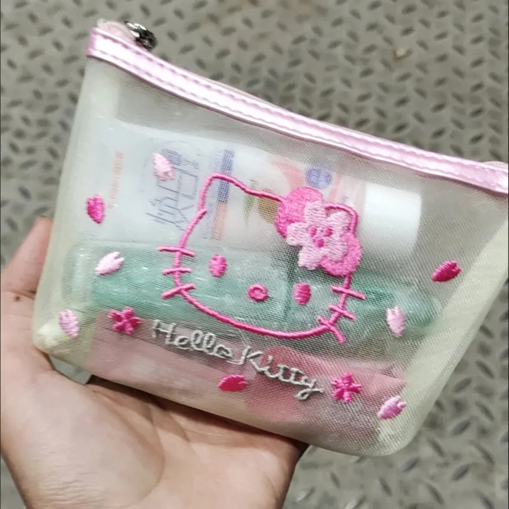 Sanrio Sakura Series Mesh Storage Bag Anime Hello Kitty Cosmetic Bag Kawaii Embroidery Small Coin Purse Make Up Bags Gift