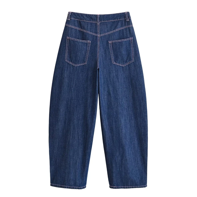 KEYANKETIAN 2026 Streetwear High Waist Carrot Jeans Loose Baggy Fit Contrast Stitch Dark Blue Full Length Denim Long Trousers