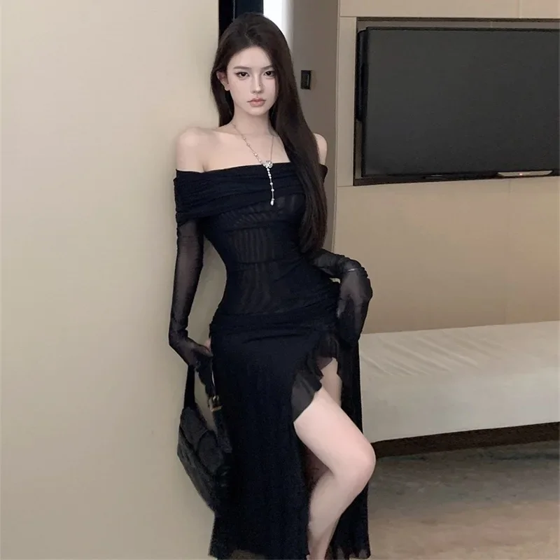 

Deeptown Women Black Sexy Long Dress Off Shoulder Elegant Irregular Ruffle Split Evening Party Dresses Bodycon Gothic Lace Dress