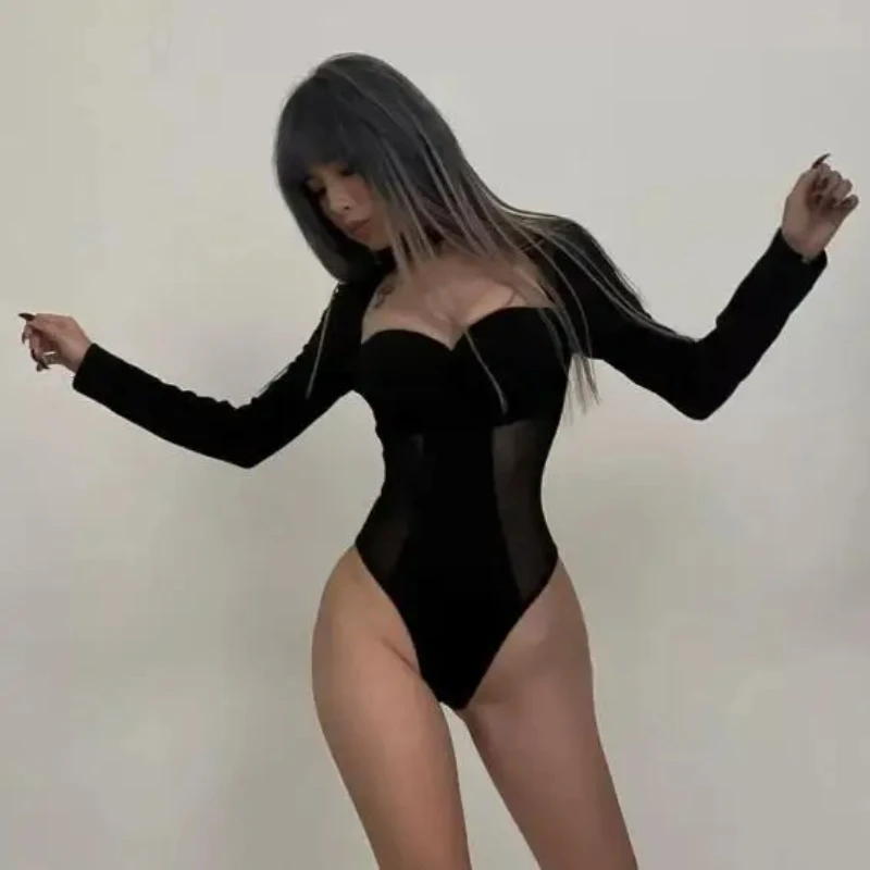 

Autumn European American Sexy Spicy Girl Square Collar Splicing Perspective Tight-fitting Long Sleeved Solid Color Bodysuit Wome