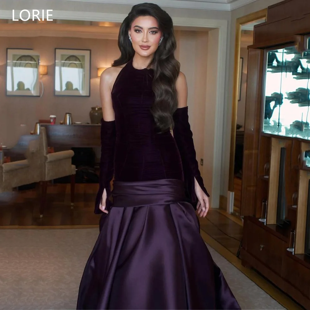 LORIE ชุดเดรสปาร์ตี้สีม่วงหรูหรา ผ้ากำมะหยี่ สายคล้องคอ แขนกุด ชุดราตรีงานพรอม ผ้าซาติน ทรงเมอร์เมด ชุดราตรีงานพรอม สามารถสั่งตัดได้