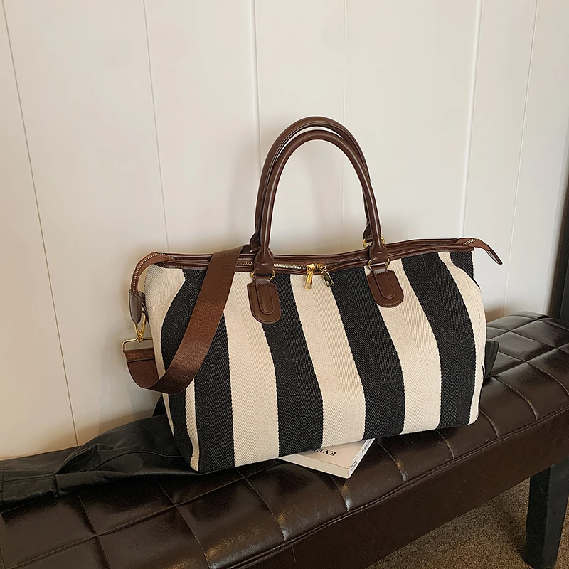 

Black and White Stripes Canvas Hand and Shoulder Bag High Quality Large Capacity Casual Tote for Women 2024 New Style Travel Bag