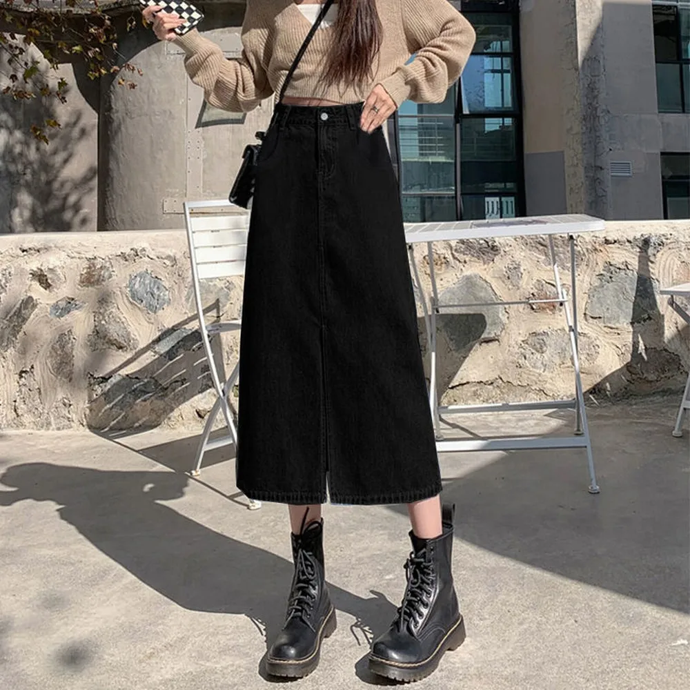Summer Women High-waist Retro A-Line Skirt Pockets Front Slit Washed Blue Denim Skirts Hip-covering Straight Long Jeans Skirt