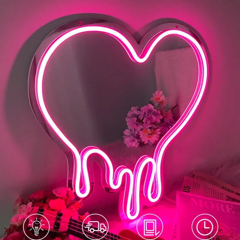 

Love Heart Shape Neon Sign Make Up Mirror Led Lights Valentine's Day Wedding Decoration Neon Mirror Home Christmas Decor Lamp