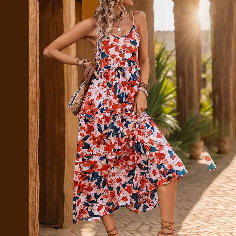 Benuynffy stampa floreale volant Trim Cami Dress vacanza al mare da donna con scollo a v Sexy Backless Big Swing abiti lunghi estivi 2024 nuovo