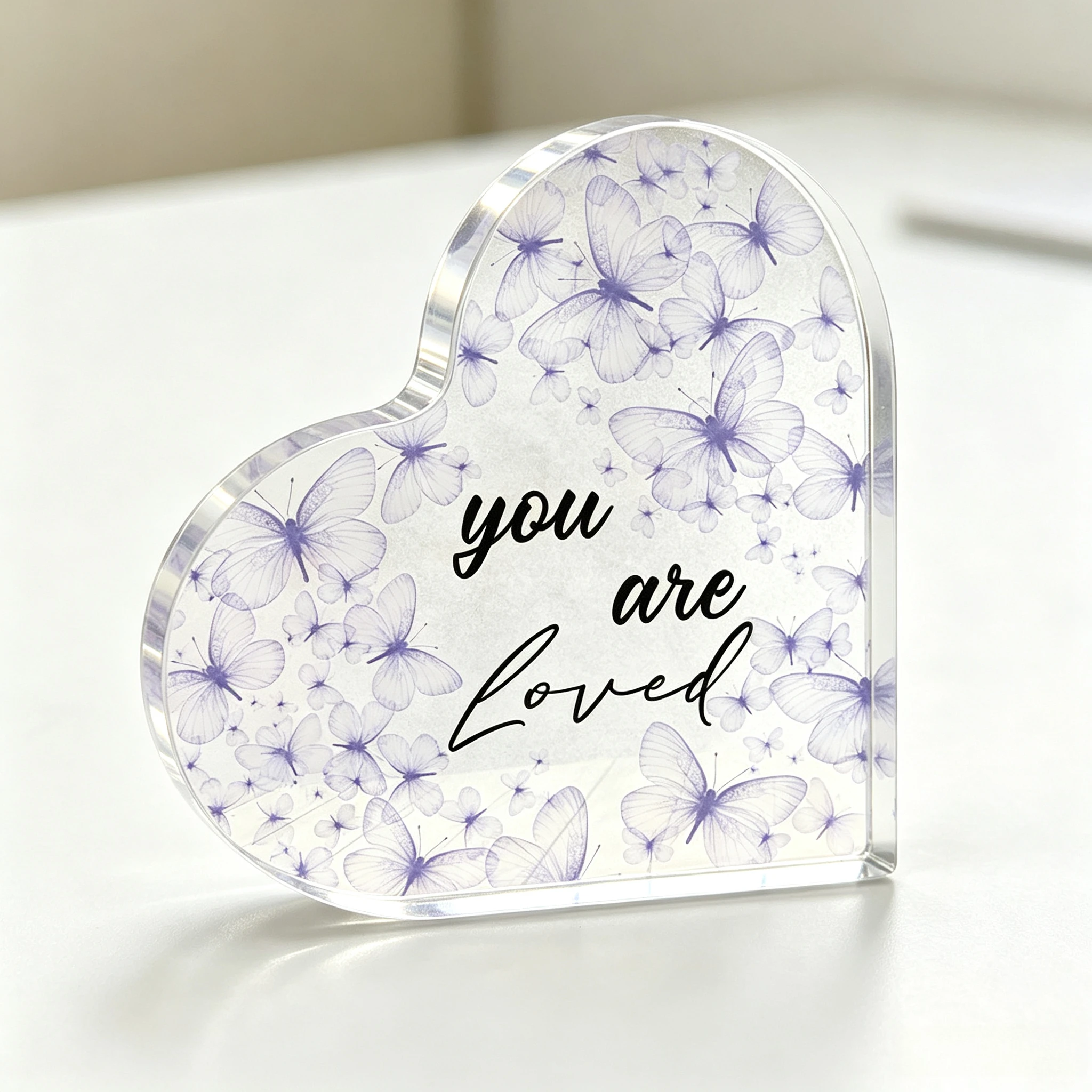 Lavender Butterfly Pattern Heart‑Shaped Acrylic Ornament, Encouragement Tabletop Home Decor