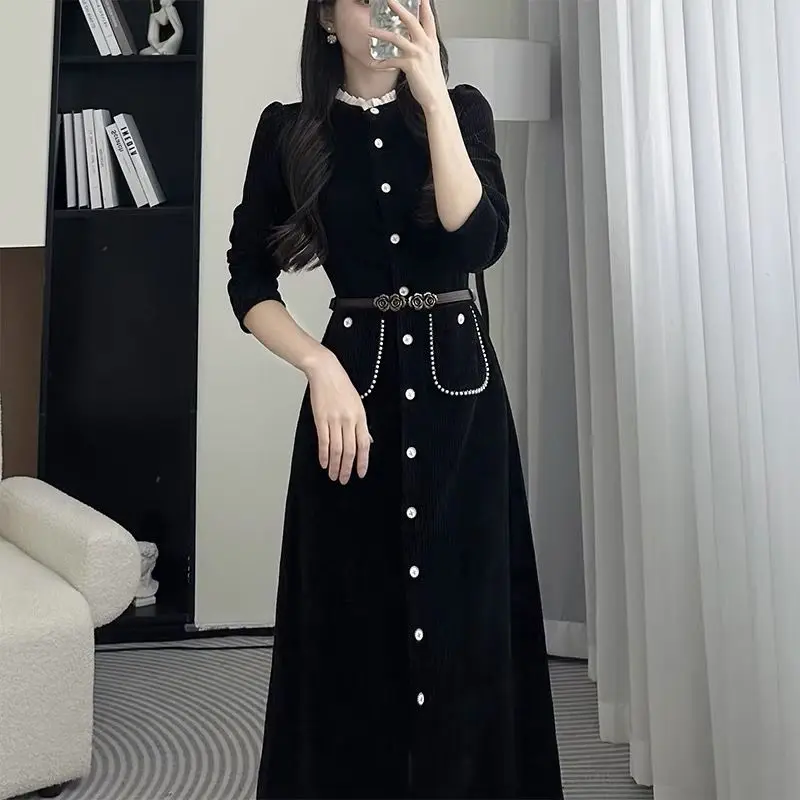 

Women's 2024 Spring and Autumn New Splicing O-Neck Button Pocket Fashion Solid Color Casual Waist Versatile Long Sleeve Dresses