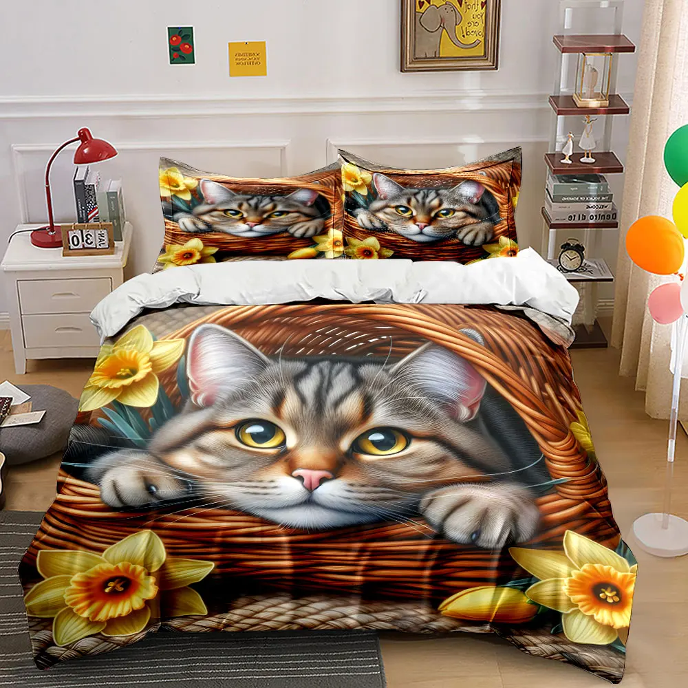Cat in basket with daffodils Pattern Duvet Cover Set Digital Print Colorful Polyester Bedding with Zipper Closur for kids gifts