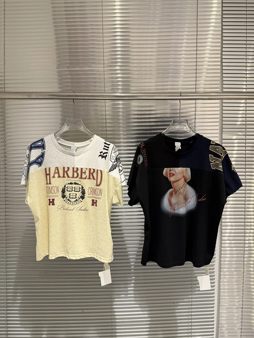 Fashion Brand Unisex Oversized Patchwork Tee Vintage Graphic Print Contrast Color Split Short Sleeve Loose Retro T shirts