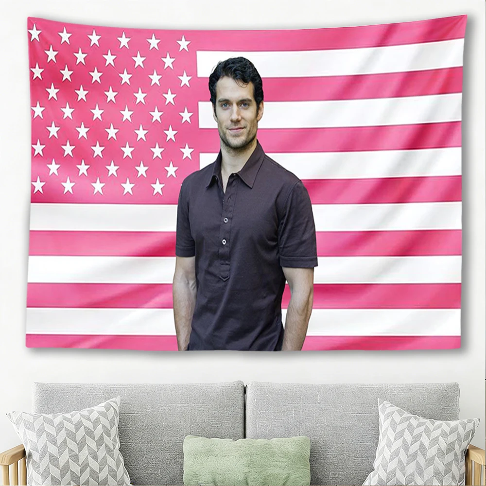 Henry C-Cavill Pink American Flag Tapestry Celebrity Portrait Wall Hanging Bedroom Dorm Fandom Decor Gift