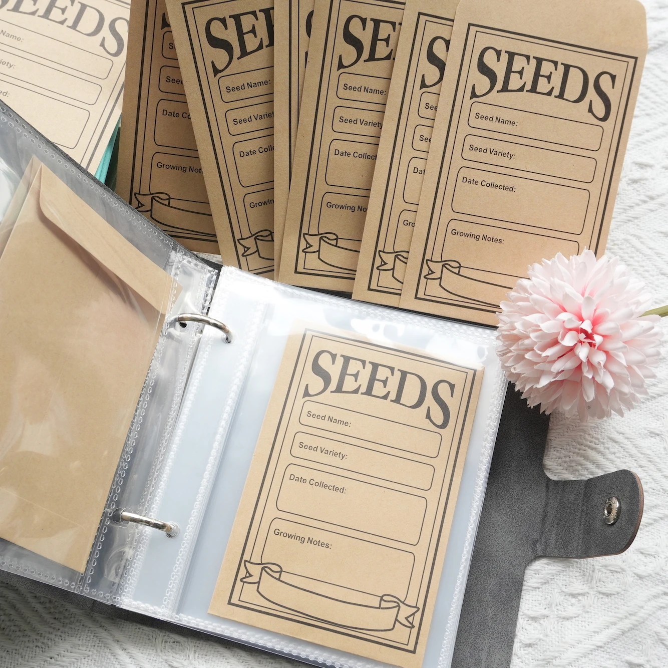 Fromthenon Seeds Storage 2 Hole Loose Leaf PU Leather Album Notebook Planner 50PCS Reusable Envelope Storage Stationery Supplies