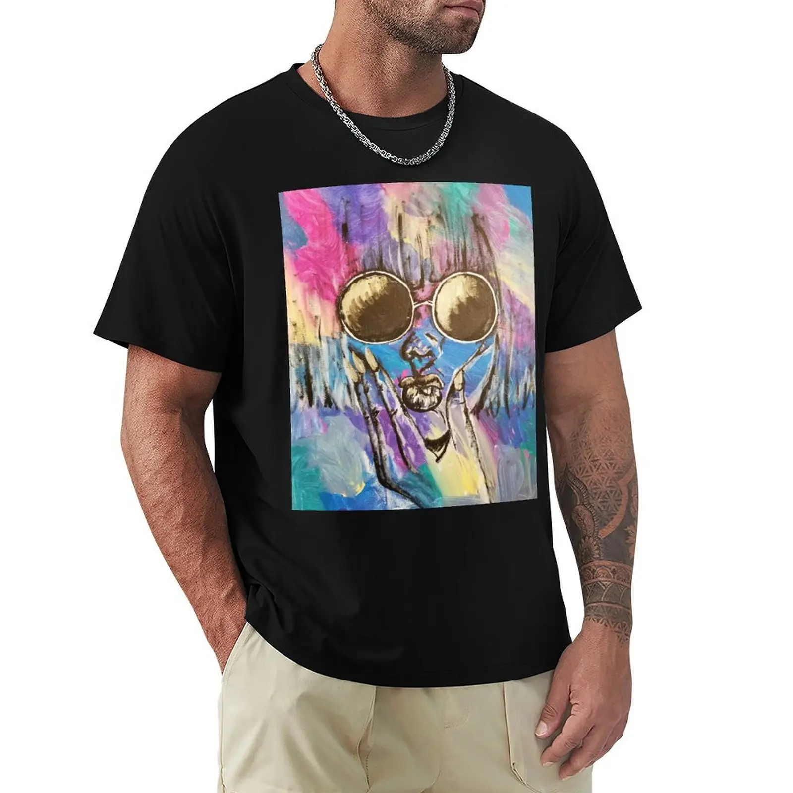Abstract Dripping Paint Acrylic Pouring Multi Colored T-Shirt Simple Casual Short Sleeve Cotton T-Shirt