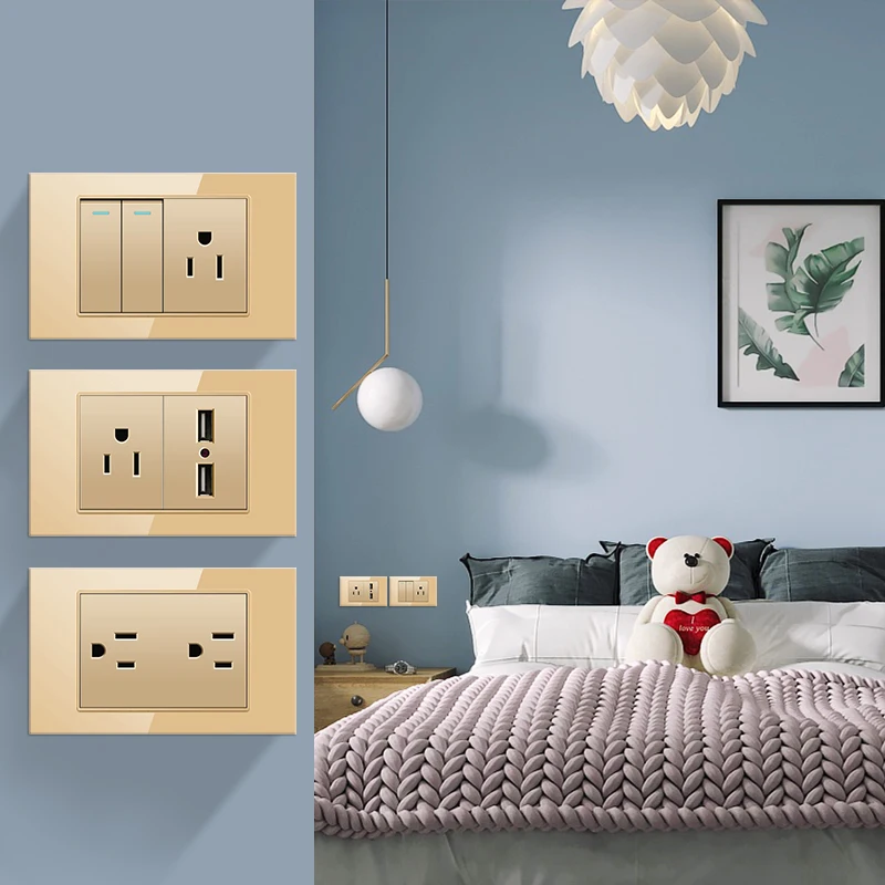 Thai US UN Standard Wall Switch Socket USB Type-c ChargerAU Switch G18 Tempered Glass Panel Button Switch TV TEL Computer socket