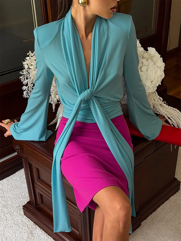 Trendix Sexy Plunging V Neck Tie Front Top Women Draped Flared Long Sleeve Shirt Vintage Ruched Waist Blouse Chic Party Clubwear
