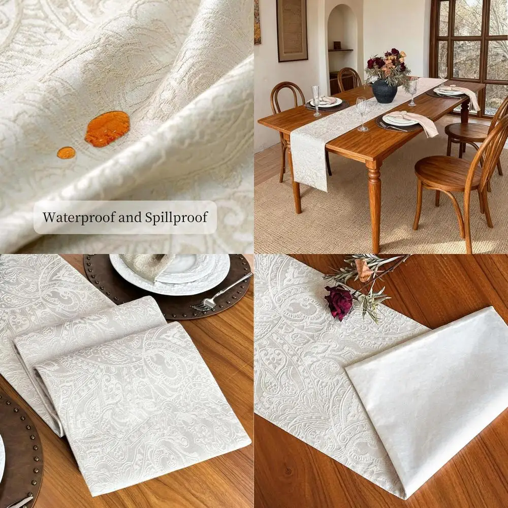 

12x72 Inch Cream Jacquard Table Runner, Waterproof for Kitchen and Dining Table Decor