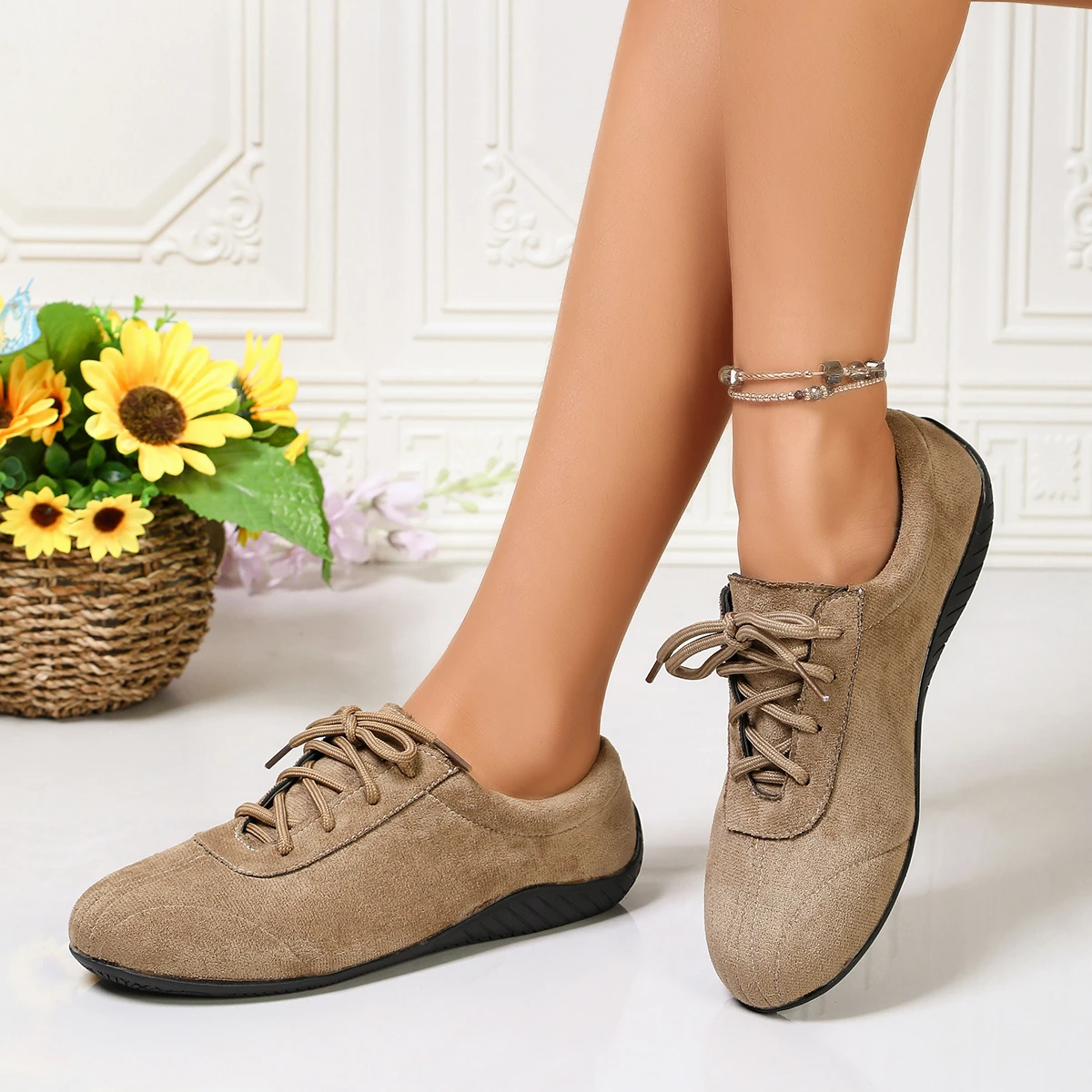 Damen-Schnürschuhe, flache Freizeitschuhe, weiche Sohle, Wildlederstoff, rutschfest, leicht, Vintage, bequem, für den täglichen Gebrauch im Freien. – Detail 10