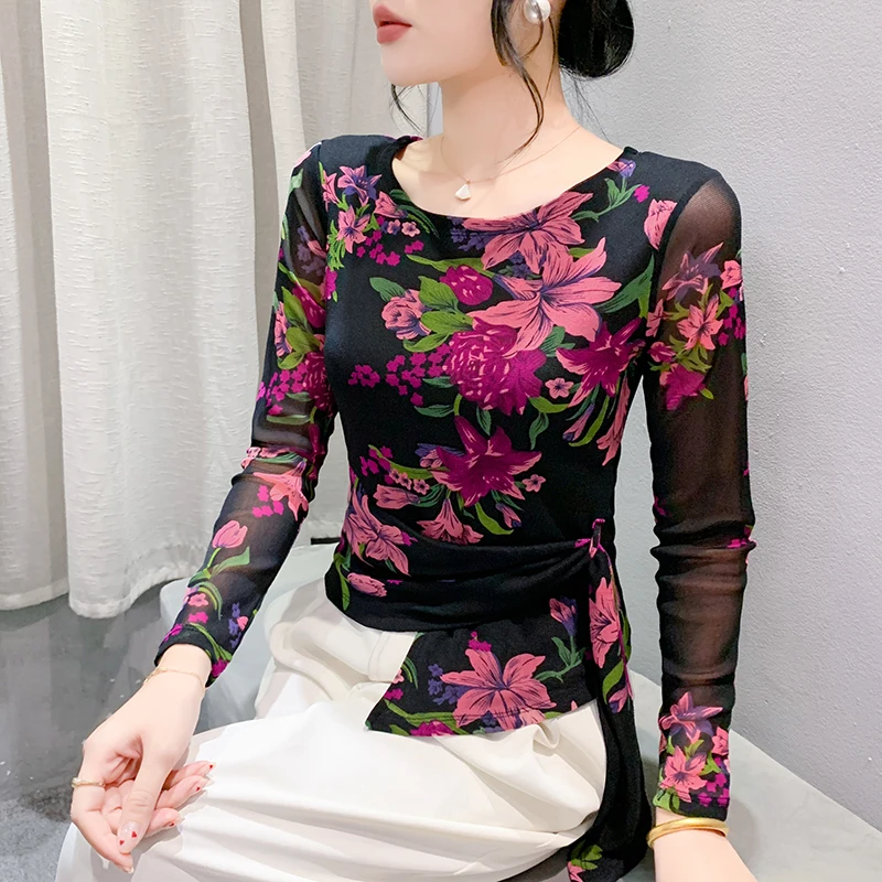 Faionable Leopard Print Base irt Herenherfstkleding Europese Sle Irregular Lace Long Sve Slim Fit T-irt