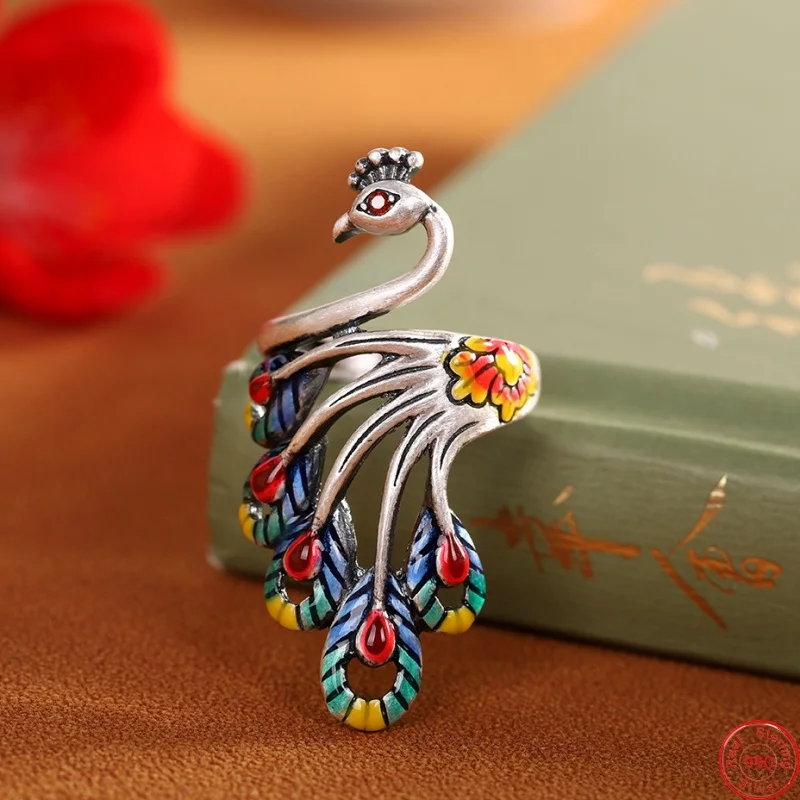 

S990 Sterling Silver Rings for Women New Fashion 3D Relief Hollow Enamel Peacock Ethnic Style Jewelry Wholesale