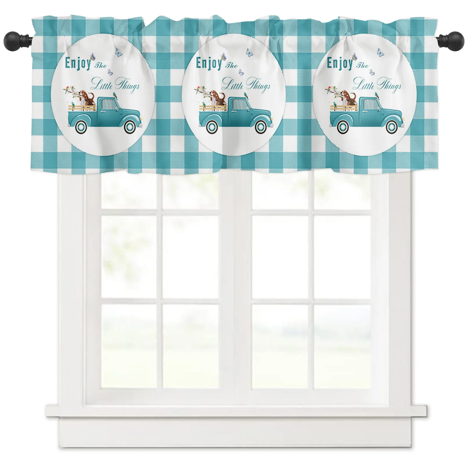 ZEDLIYU Valances for Windows Kitchen Living Room Small Window Valance Enjoy the Little Things Red Truck Teal Checkered 1 Panel