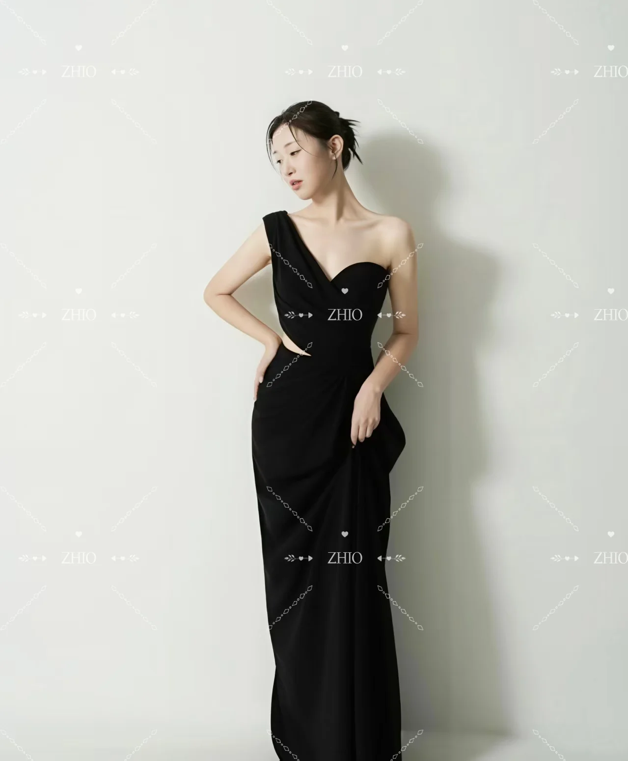 ZHIO Eegant une épaule robe de soirée de mariage noir Satin longueur de plancher découpé corée Photoshoot robe de réception de mariée personnalisée