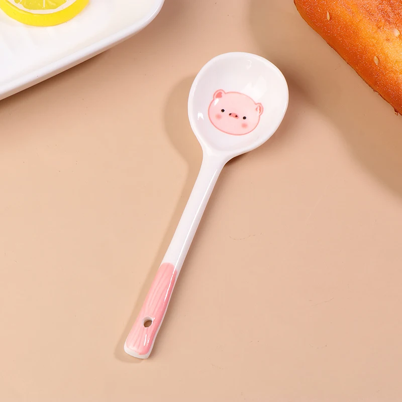 Kawaii Pig Ceramic Soup Spoon Cute Ice Cream Hand Painted Coffee Dessert Long Handle Spoon Kitchen Accessories