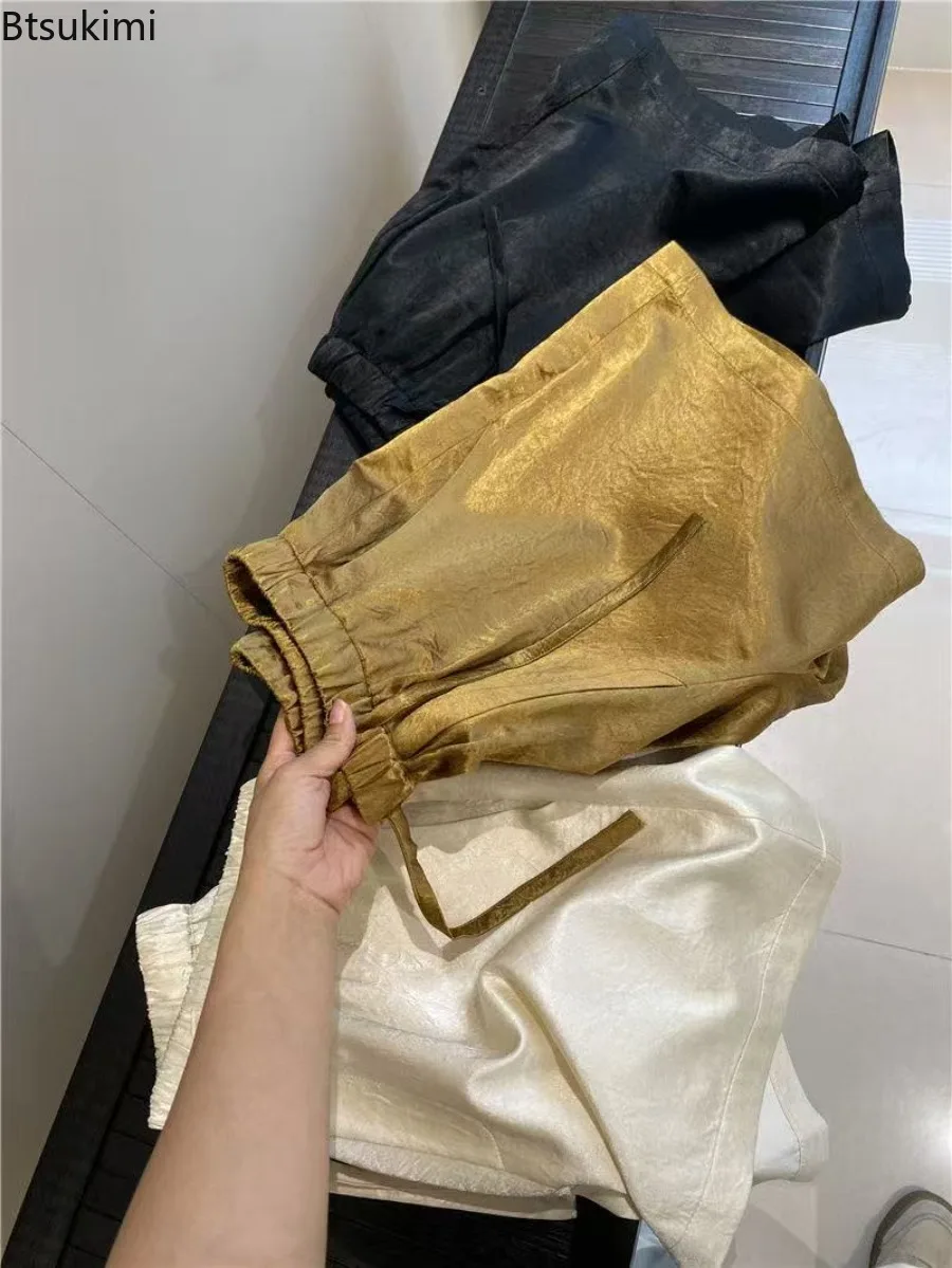جديد الصيف المرأة الصلبة الساتان السراويل غير رسمية الرجعية الحرير الجليد الملمس مرونة الخصر فضفاض السراويل موضة تنوعا النساء السراويل الساخنة
