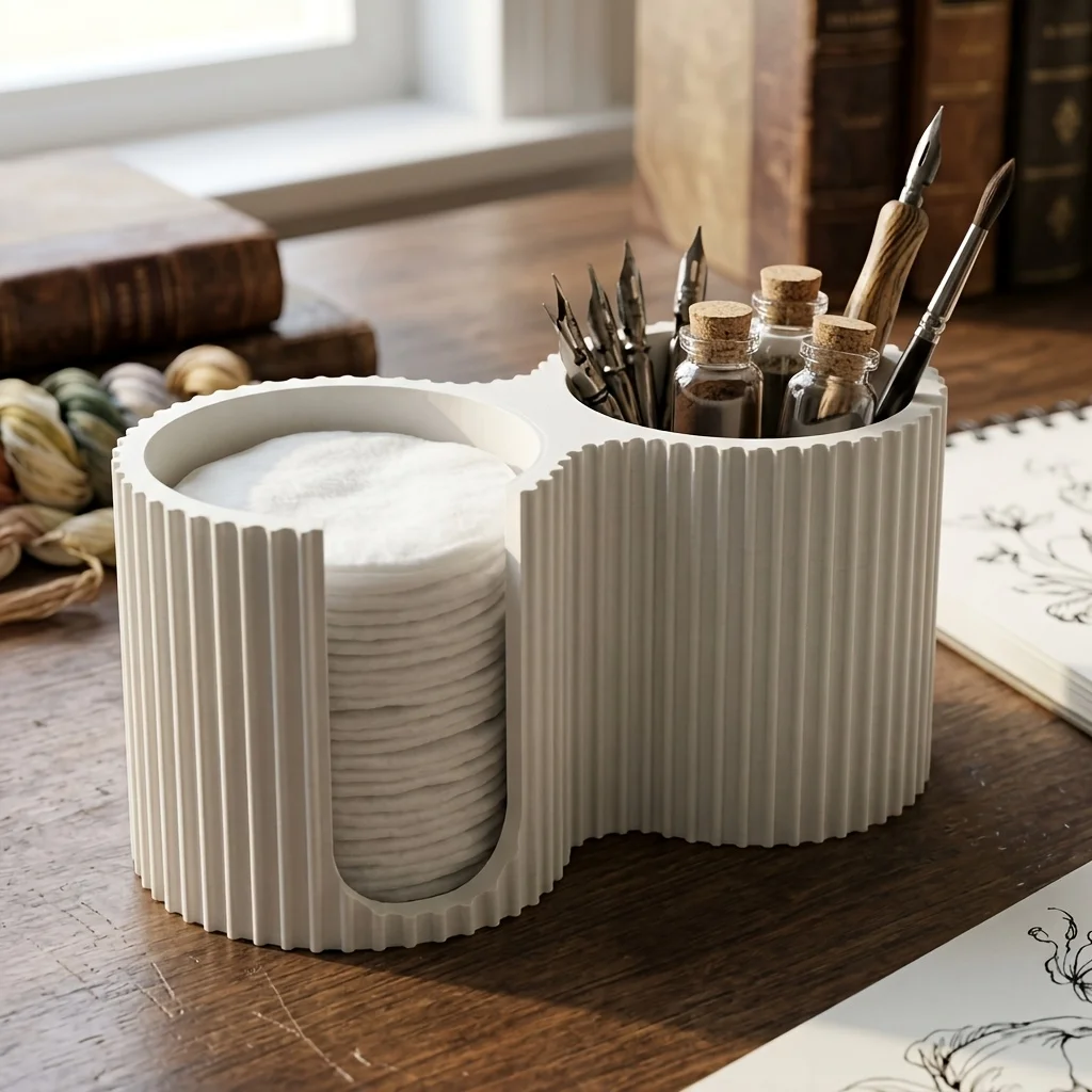 Desktop 3D‑Printed Makeup Swab Organizer Box, Minimalist Striped All‑in‑One Holder for Pads Bathroom Counter Storage