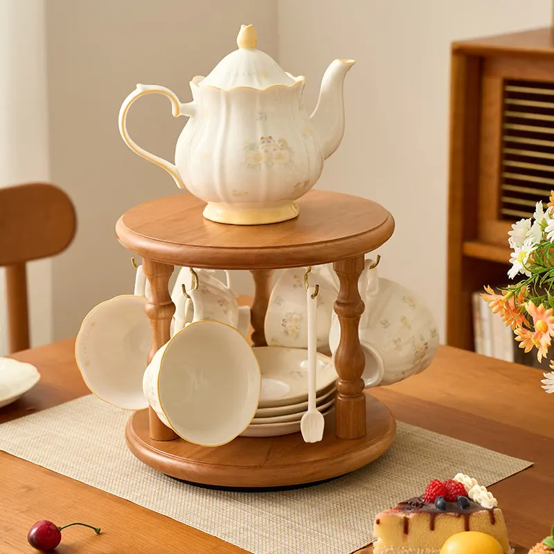 Cherry Wood Retro Rotating Cup Holder Household Coffee Table Rack Solid Wood Coffee Cup Teapot Storage Rack