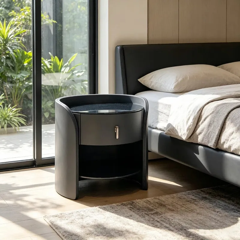 Modern multi-layer solid wood and leather plywood single-pull color-changing bedside tables for bedrooms
