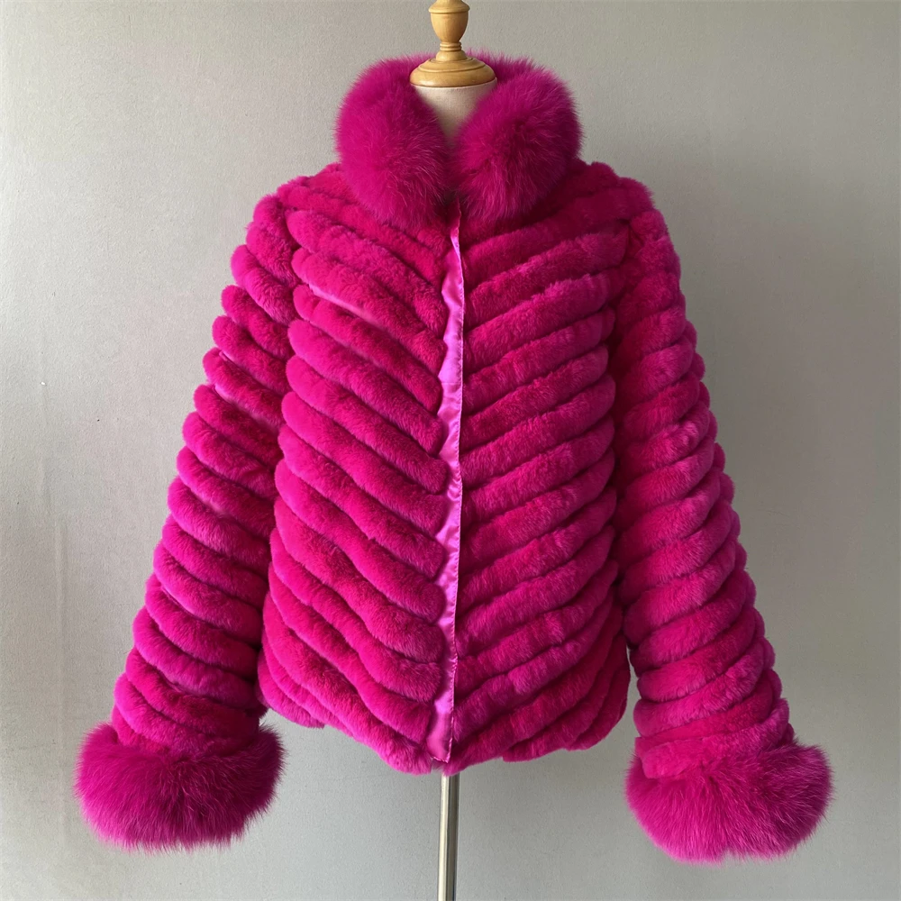 Jaxmonoy المرأة عكسها الفراء سترة السيدات خريف شتاء موضة معطف فرو الأرنب الحقيقي مع حواف فرو الثعلب الفاخرة Casaco معاطف جديد