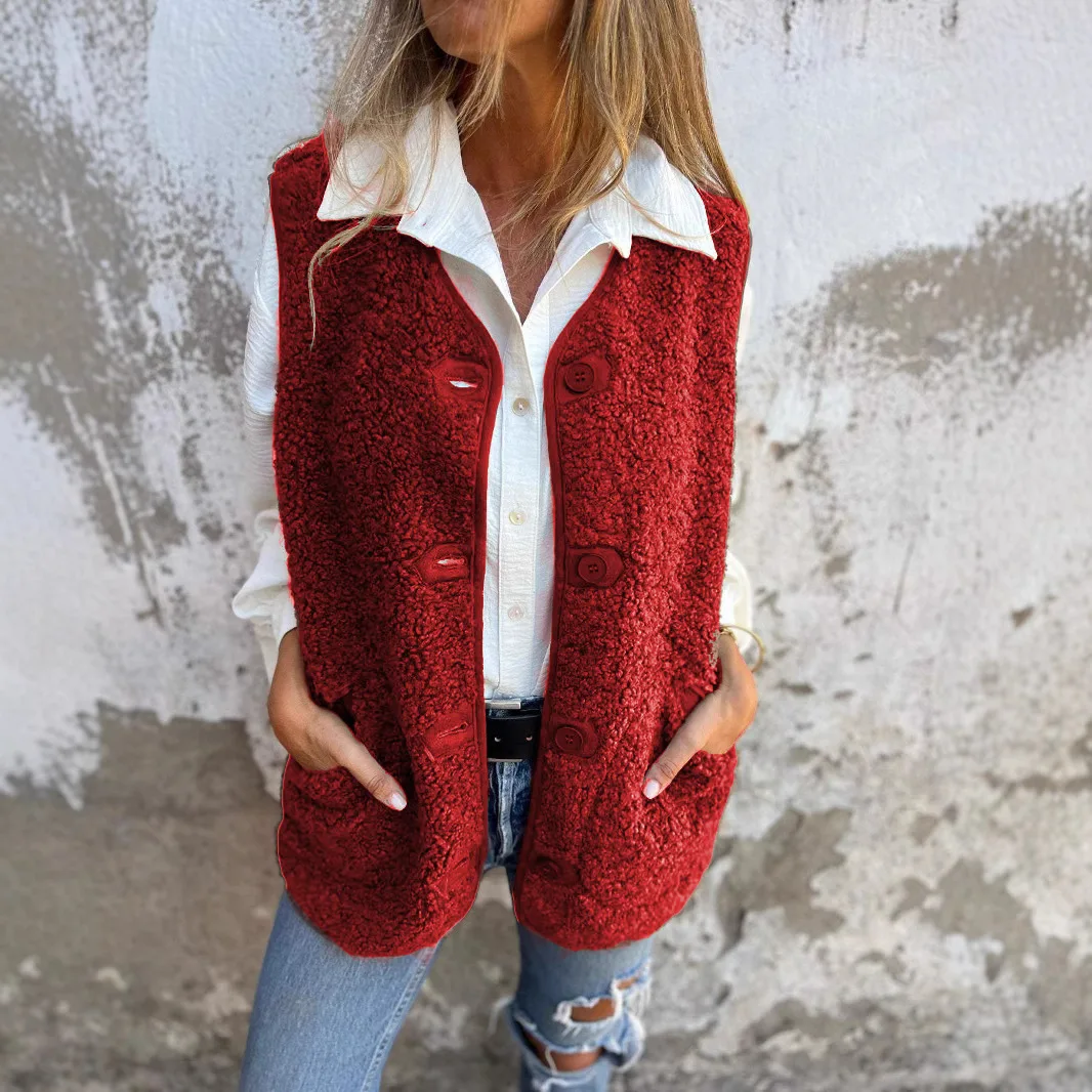 Vest Women Lamb Wool Waistcoat 2025 Autumn Winter Sleeveless Warm Jacket Coat Single Breasted Pocket V Neck Casual Outerwear