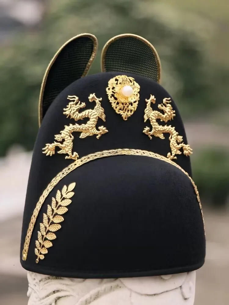Hanfu Hat Double Dragon Wing Good Crown Groom's hat Gold-plated Chalcedony Beads Accessories Hanfu Ming Wusha Hat Emperor Hat