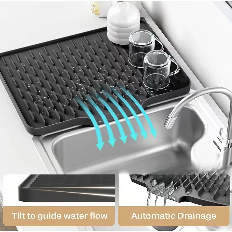 One Anti-Slip Kitchen Silicone Drip Tray, Heat-Resistant, With Built-In Drainage Design, for Use Under the Sink Countertop.