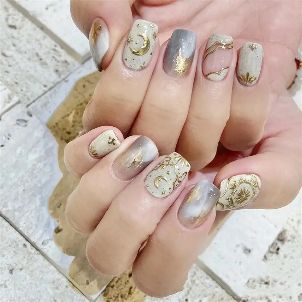 5Pcs/Set Gold Plated Nail Sticker Bohemian Sun Moon Star Nail Slider Decals Vintage Totem Sunset Mirror Face Nail Sticker