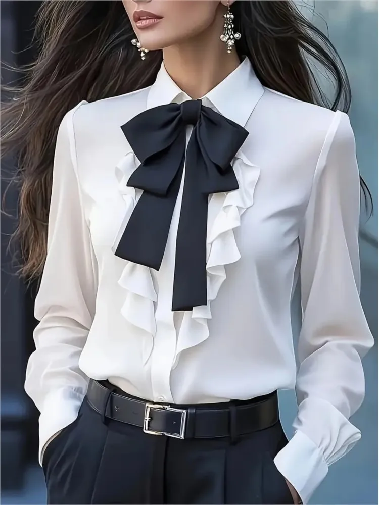 

Spring New Solid Lace-up Bow Ruffle Design Shirt Tops Office Lady Elegant Long Sleeve Blouse White Shirt Autumn Female Clothing