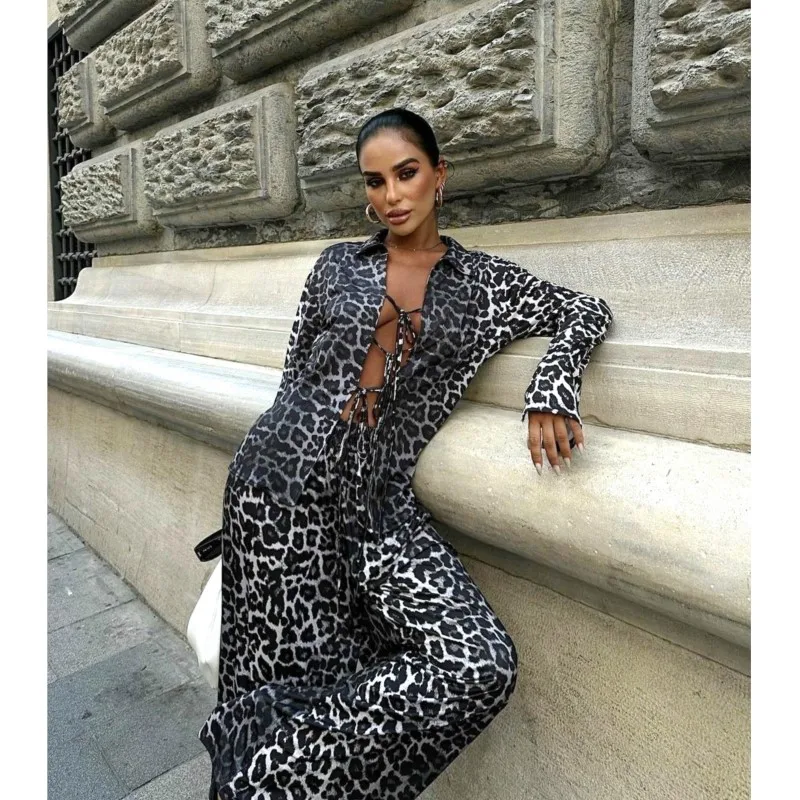 Ladies\'s Long Sleeved Shirt Straight Leg Pants Leopard Print Two-piece Set Printed Lace Up Lapel Cardigan Top Wide Leg Pants Set