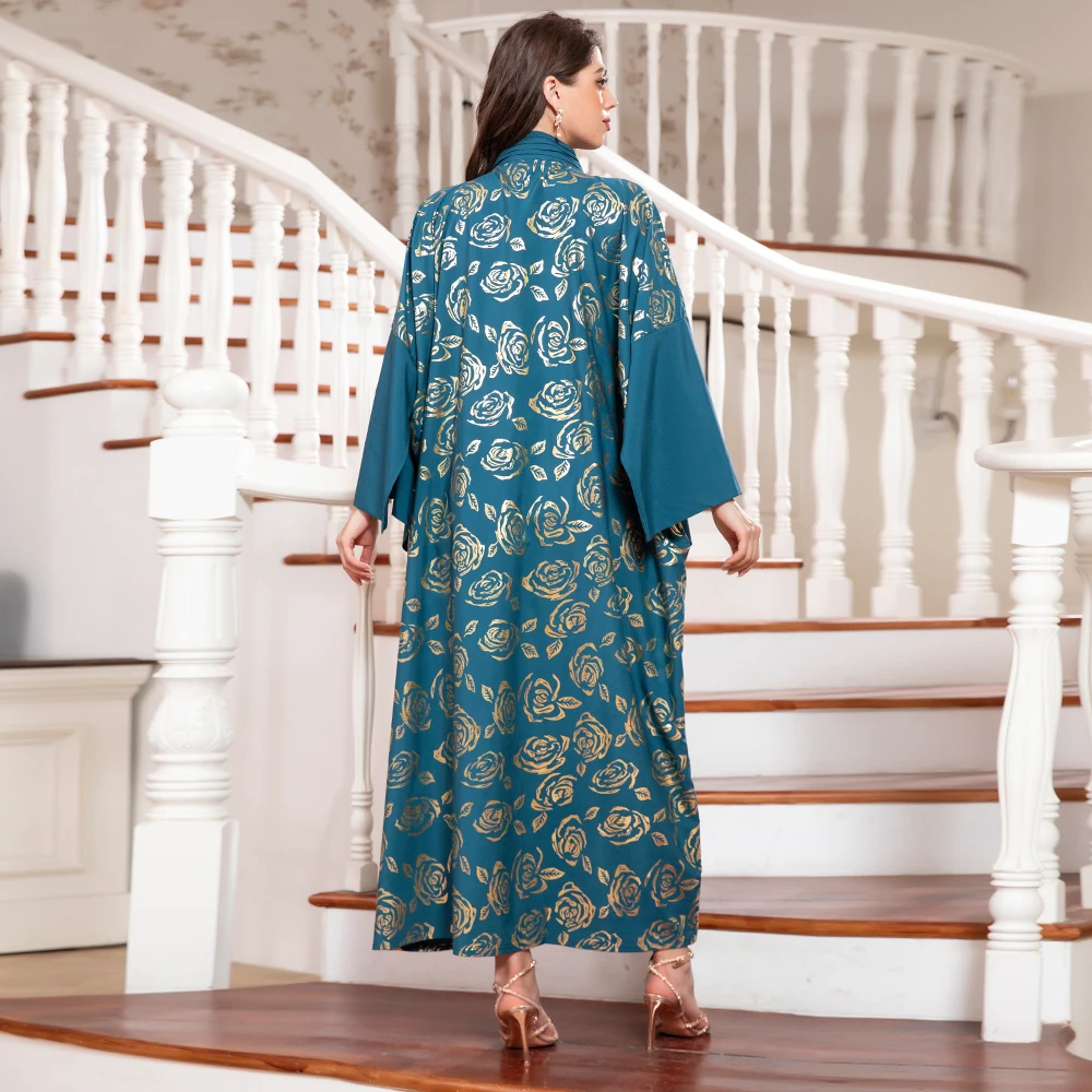 Muslim Abaya Summer Elegant Party Long Dresses For Women Printing Flowers V-neck Irregular Sleeve Female Loose Skirts Kaftan