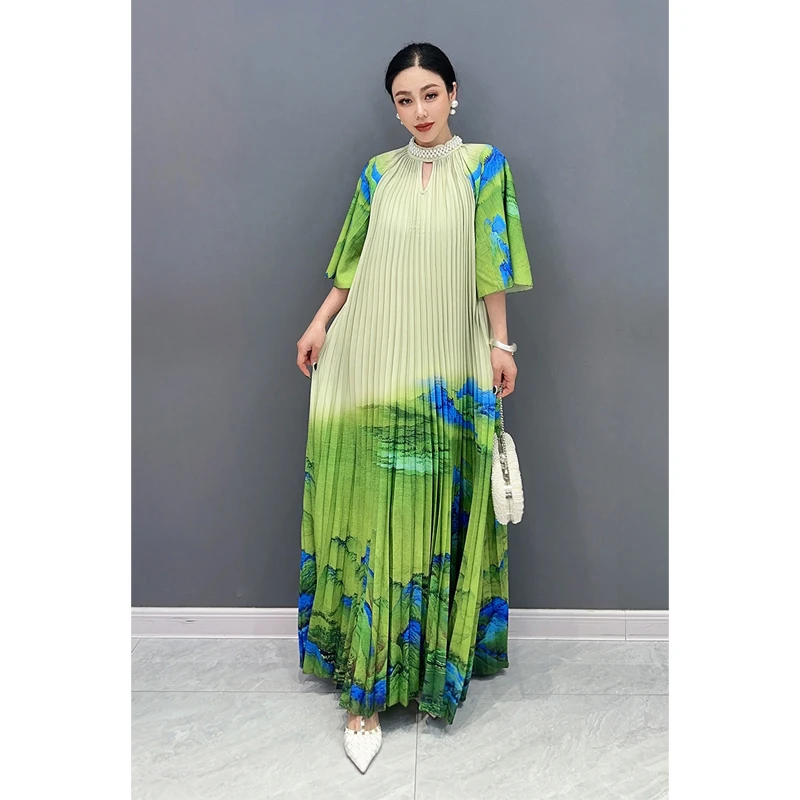 2024 Summer New Hundred Pleated Printed Large Hem Dress Heavy Industry Inlaid Diamond Green Landscape Elegant Dress Women LX1351