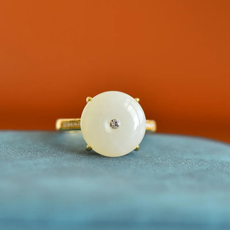 

Hetian Peace Women S925 Inlaid With Jade And Diamonds Matte Gold Silver Jewelry Ring