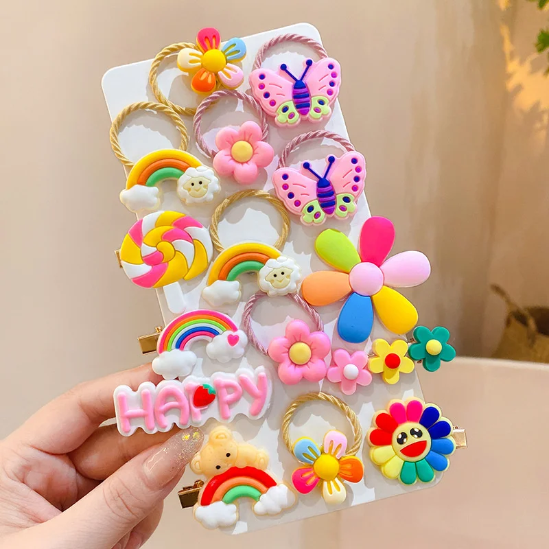 14PCS Sweet Butterfly Flower Kids Cute Hairpins Children Headwear Baby Hair Clips Headdress Girls Accessories Elastic Hair Bands