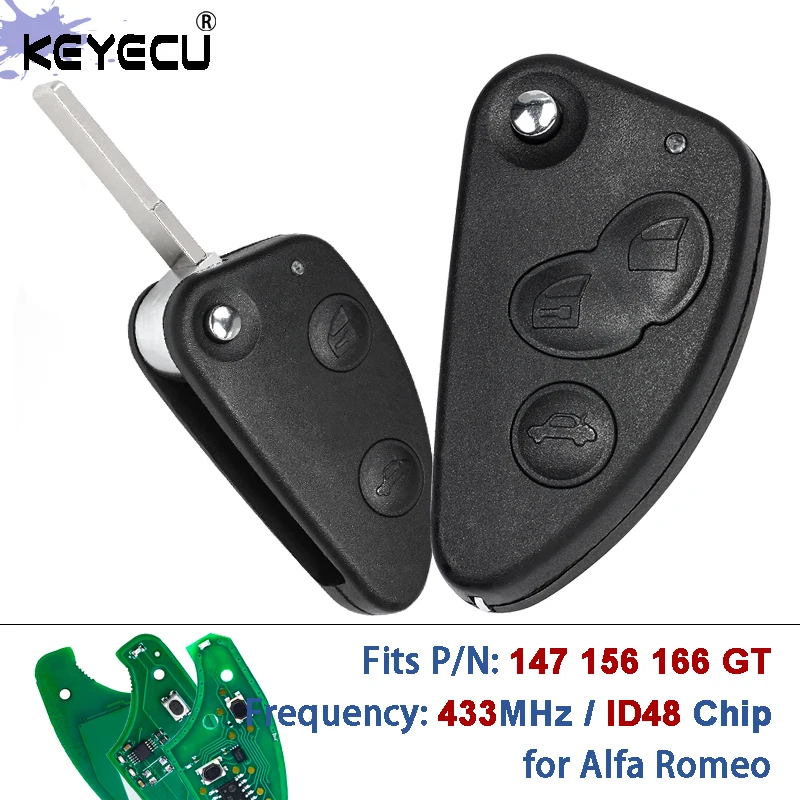 

KEYECU FCC ID: 147 156 166 GT 433MHz ID48 Chip Replacement Folding Flip Remote Control Key Fob for Alfa Romeo 2/3 Buttons SIP22