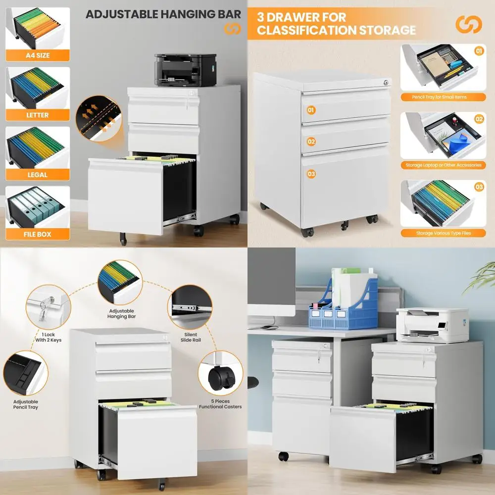 

3-Drawer Lockable Rolling File Cabinet, Compact Metal Filing System for Home Office, White Vertical Storage on Wheels - Assemble