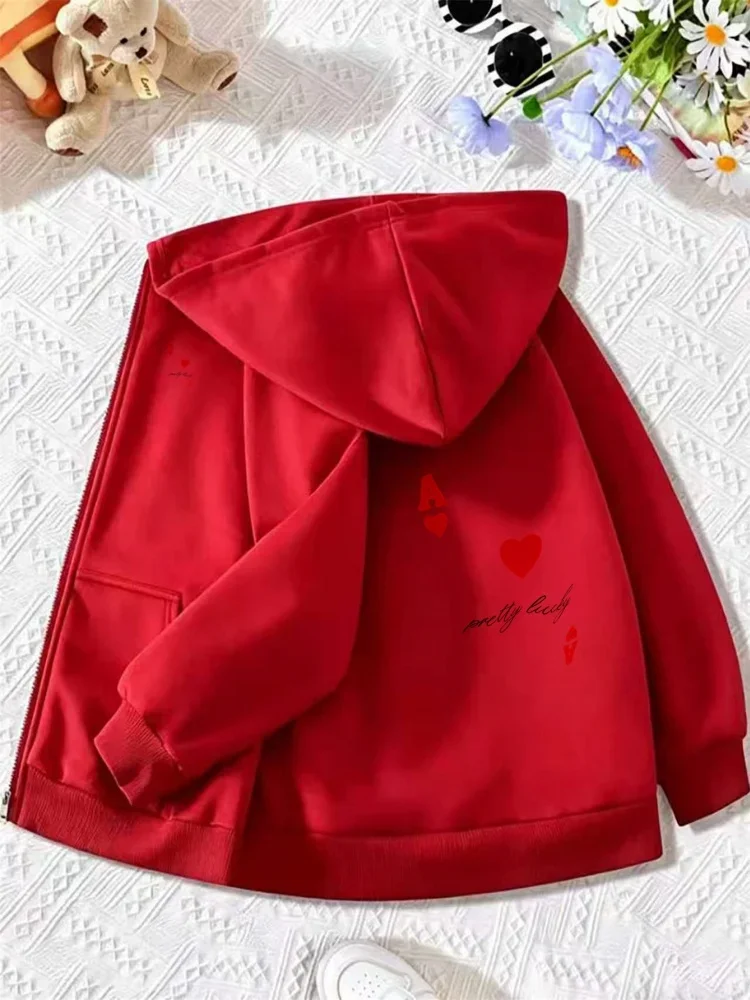 Casual Light Grey Zip Hoodie For Children Lovely Red Heart Ace And Pretty Lucky Text Design Long Sleeve Coat