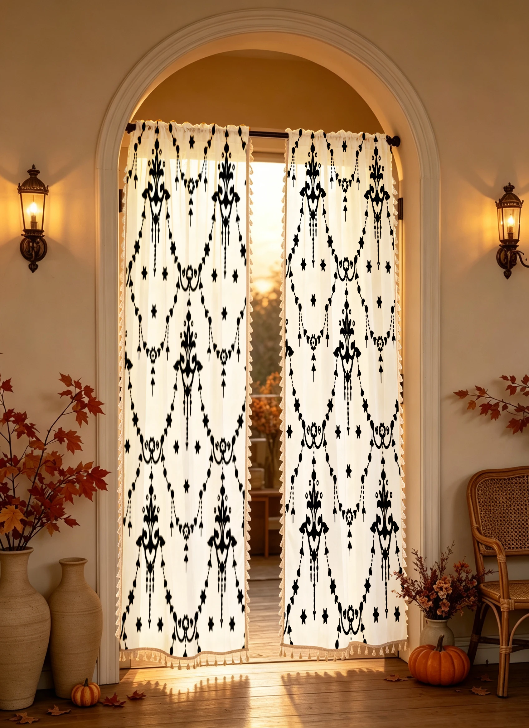 1PC Gothic Tassel Sheer Curtains, Black Chandelier Bead Star, Digital Print, Linen Polyester, Bedroom Living Room, Home Decor