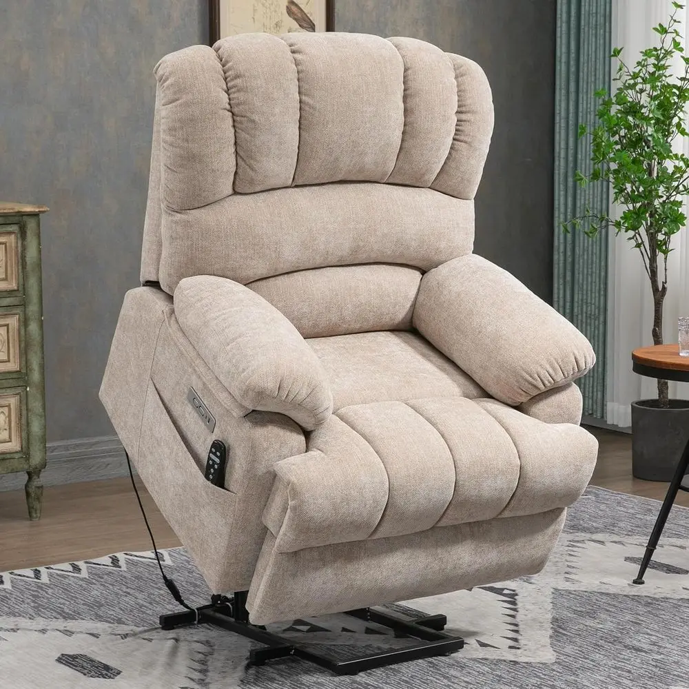Luxury Power Recliner with Massage, Heat, Ergonomic Backrest, Adjustable, Pockets, USB & Type-C Ports, Chenille Beige